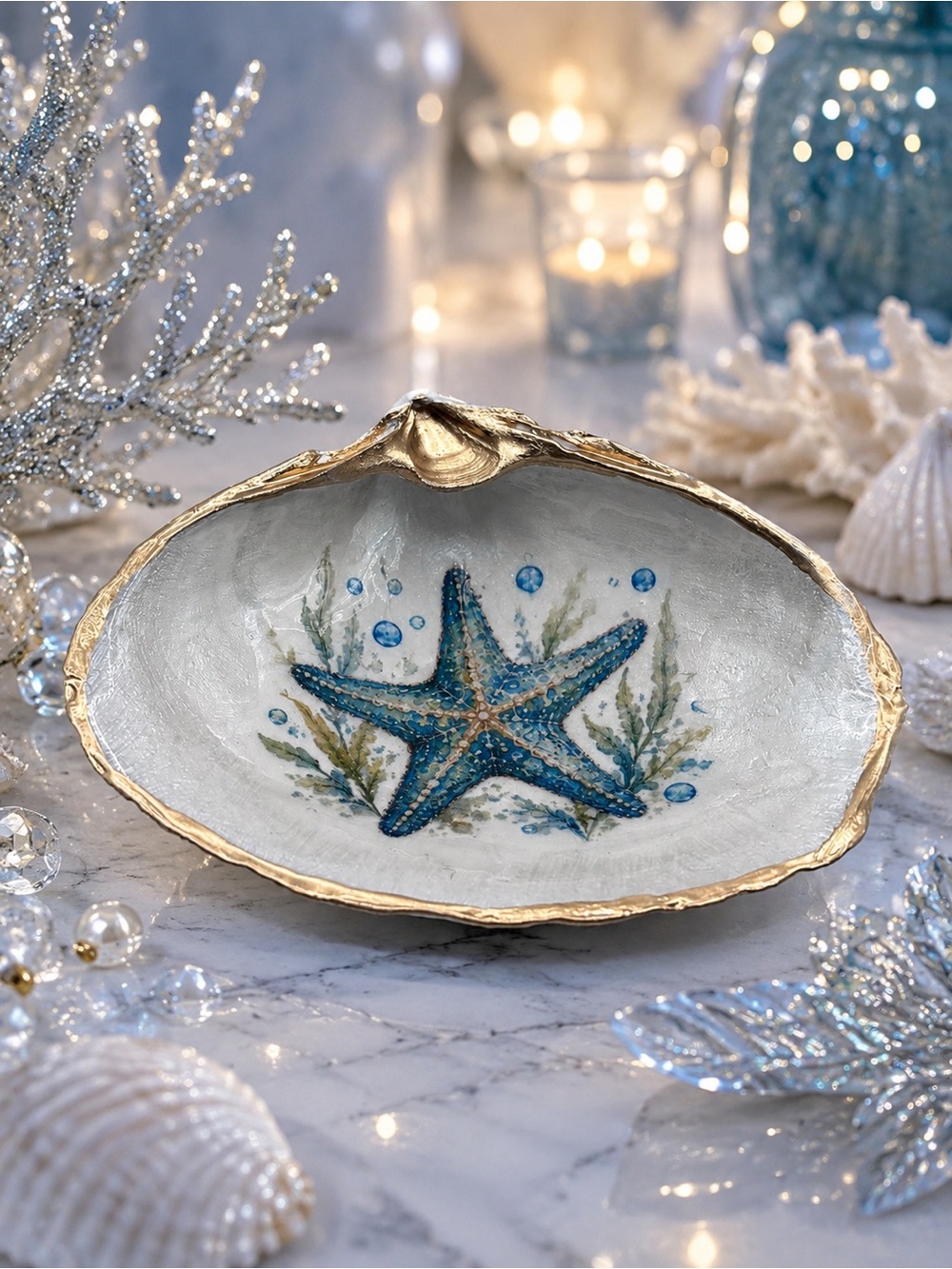 Starfish Seashell Decorative Dish in White & Blue